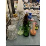 A QUANTITY OF GLASSWARE TO INCLUDE SMALL DECANTERS, COLOURED TUMBLERS, JARS, VASES, PAPERWEIGHTS,