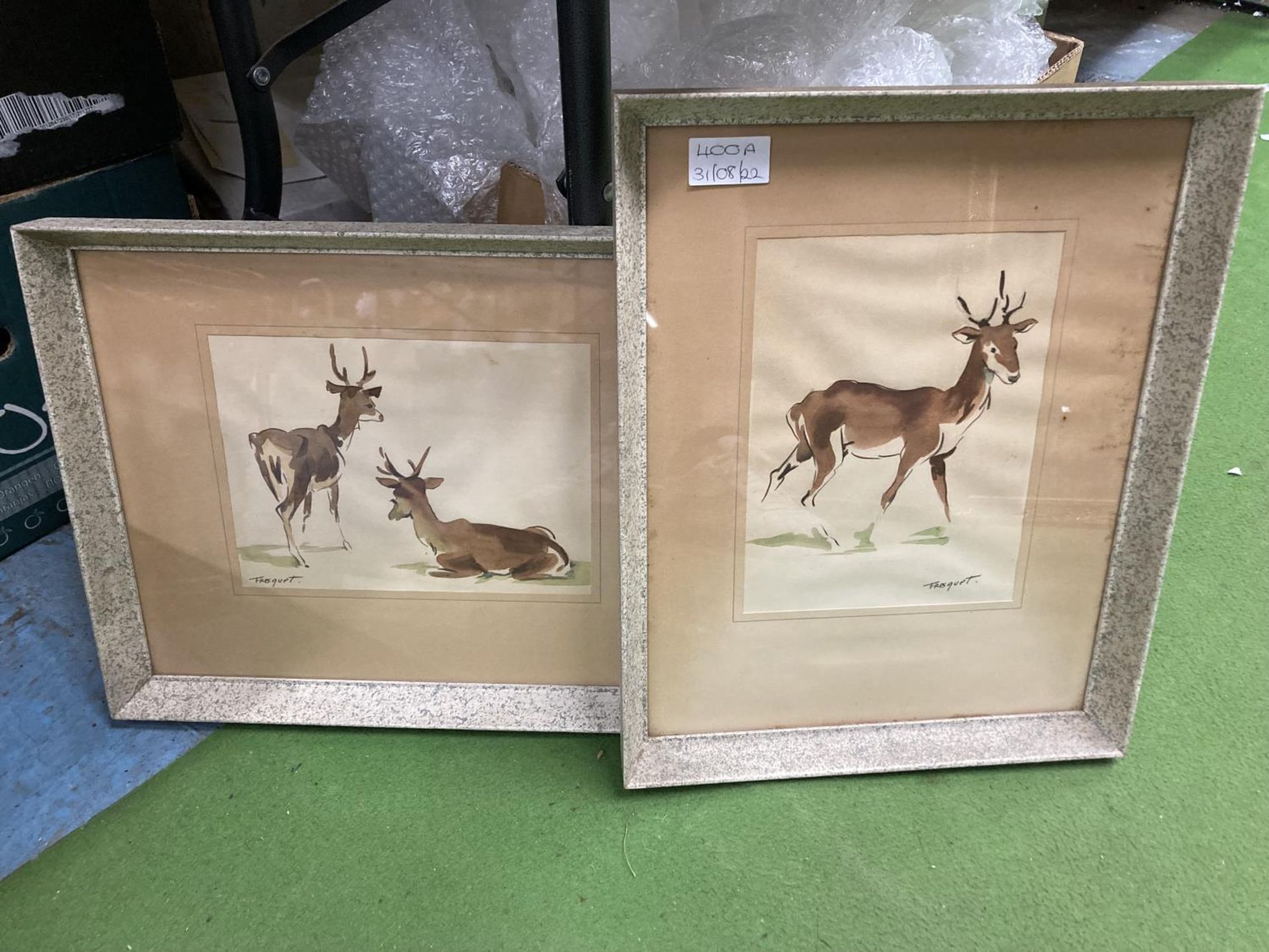 TWO FRAMED WATERCOLOURS OVER PRINTS OF SPANISH DEER BY FRESQUET