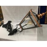 A VERY LARGE VINTAGE COPPER FRAMED STREET LAMP WITH GLASS PANELS. APPROX HEIGHT: 120CM