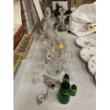 A QAUNTITY OF GLASSWARE TO INCLUDE DECANTERS, TWO WITH NAME COLLARS, LIQUEUER GLASSES, VASE, BOWL