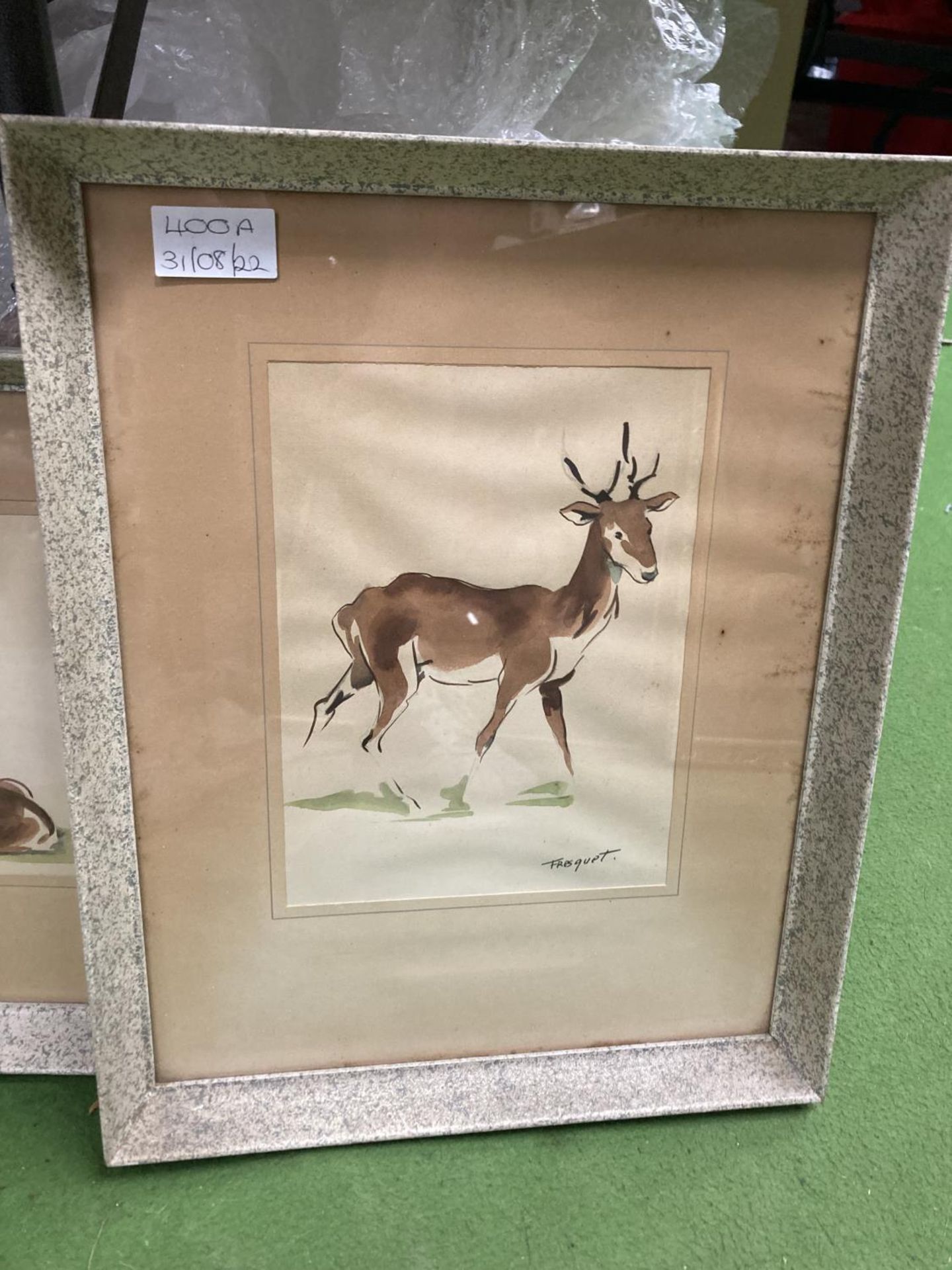 TWO FRAMED WATERCOLOURS OVER PRINTS OF SPANISH DEER BY FRESQUET - Image 2 of 3