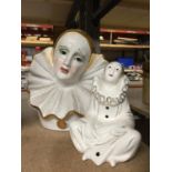 TWO CERAMIC PIERROT FIGURES TO INCLUDE A BUST AND ONE SEATED