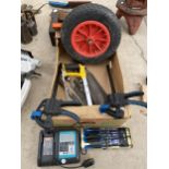 AN ASSORTMENT OF TOOLS TO INCLUDE A BATTERY CHARGER, FILES AND CLAMPS ETC