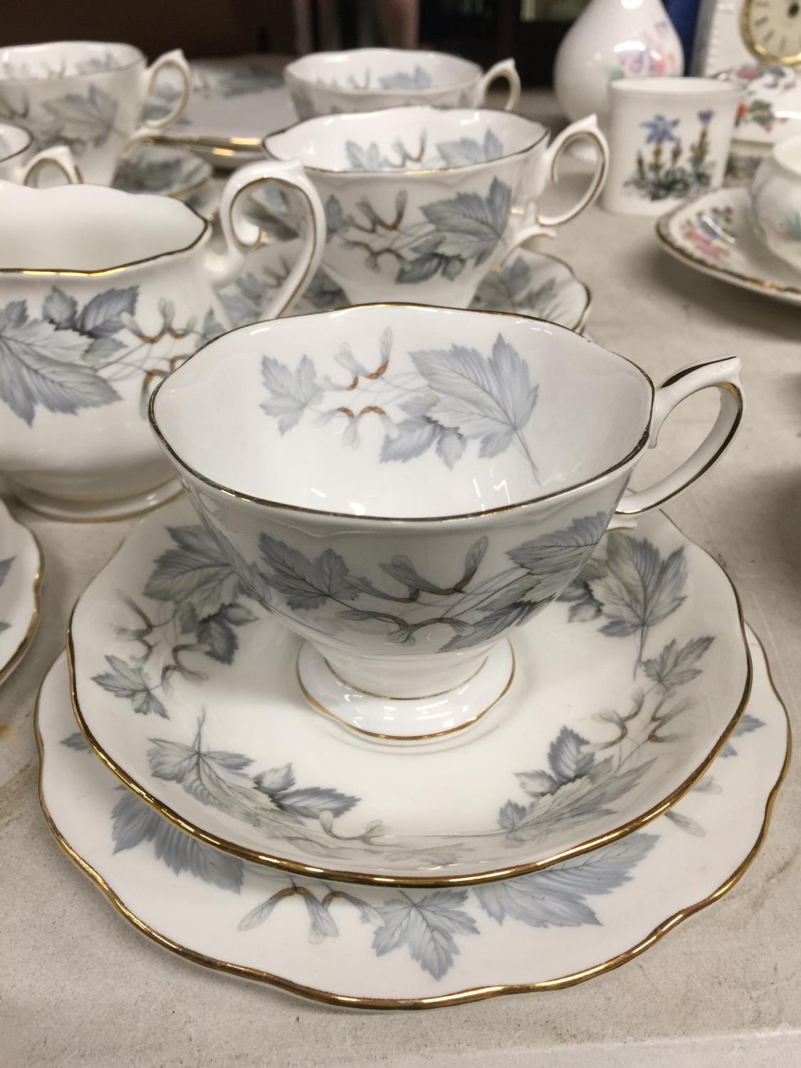 A ROYAL ALBERT 'SILVER MAPLE' CHINA TEASET TO INCLUDE CAKE PLATE, CREAM JUG, CUPS, SAUCERS AND - Image 2 of 3