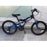 A CHILDS MUDDYFOX RECOIL 20 BIKE WITH FRONT AND REAR SUSPENSION AND SIX SPEED SHIMANO GEAR SYSTEM