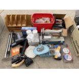 AN ASSORTMENT OF ITEMS TO INCLUDE A SEWING MACHINE, A MEAT GRINDER AND HOOVER ATTATCHMENTS ETC