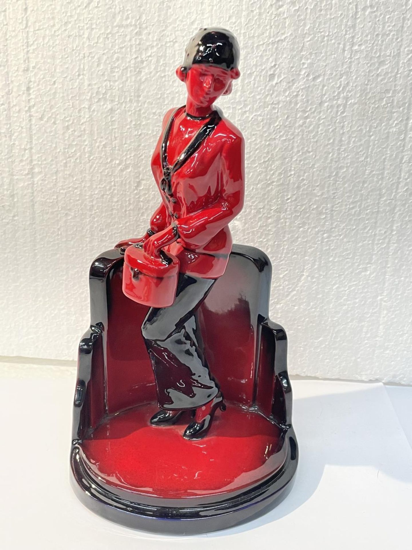 A PEGGY DAVIES RUBY FUSION ART DECO FIGURINE - 26 CM IN HEIGHT