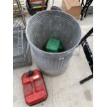 A GALVANISED DUST BIN AND A METAL FUEL CAN