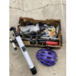 A BRESSER TELESCOPE AND AN ASSORTMENT OF BIKE EQUIPMENT TO INCLUDE PUMP AND HELMET ETC