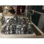 TWO SILVER PLATED TRAYS, A THREE BRANCH CANDLEABRA, A SWAN BRAND 'DORIC-WARE' TEASET, ETC