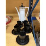 A PART PORTMEIRION COFFEE SET 'GREEK KEY' TO INCLUDE COFFEE POT, CREAM JUG AND FOUR CUPS AND SAUCERS