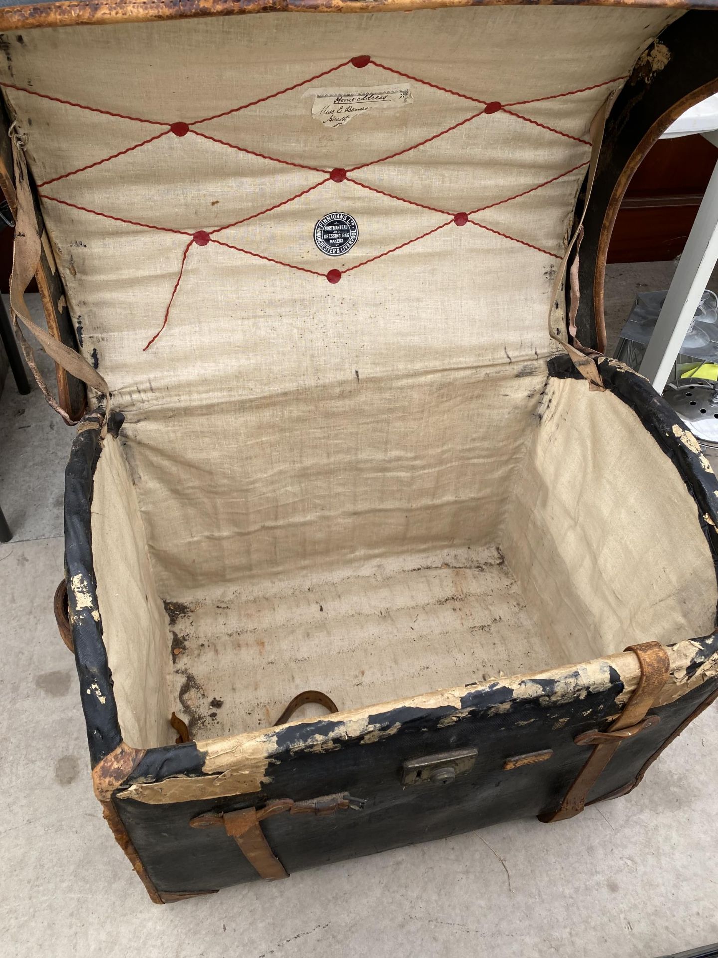 A VINTAGE LEATHER COVERED DOMED TOPPED TRAVEL TRUNK - Image 3 of 6