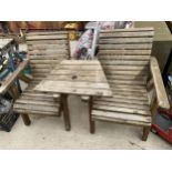 A TEAK GARDEN LOVE SEAT WITH MIDDLE TABLE SECTION