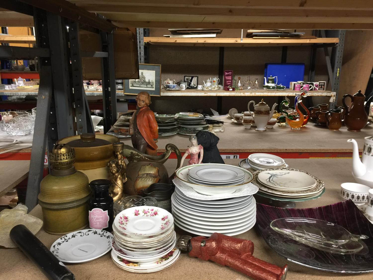 A LARGE QUANTITY OF CERAMICS TO INCLUDE BOWLS, PLATES, CHINA SAUCERS, FLOUR CANNISTER, CHALK FIGURE,