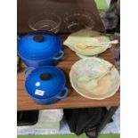 TWO 'LE CREUSET' CASSEROLE DISHES, SERVING BOWLS WITH CERAMIC SERVERS AND GLASS BOWLS