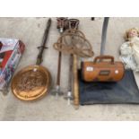 AN ASSORTMENT OF VINTAGE ITEMS TO INCLUDE A CARPET BEATER, STICK SEATS AND A BED WARMING PAN ETC