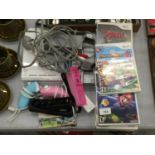 A Wii GAMES CONSOLE WITH CONTROLLERS, POWER CABLE PLUS A QUANTITY OF GAMES TO INCLUDE MARIO PARTY 8,