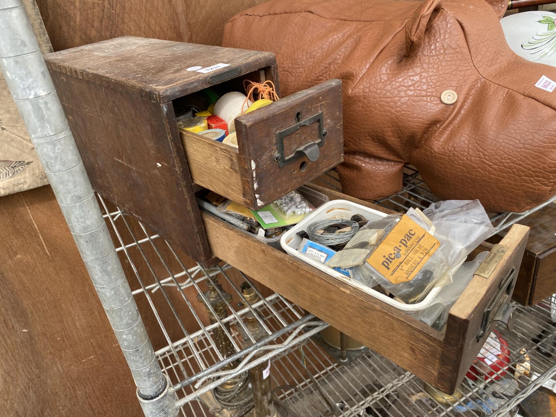 A VINTAGE WOODEN 'MANIFOLDIA' TWO DRAWER INDEX CABINET CONTAING HARDWARE AND ELECTRICAL TAPE - Image 3 of 3