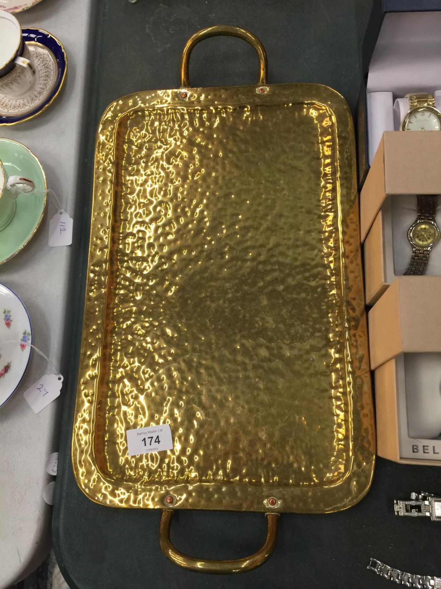 A BEATEN BRASS TWO HANDLED TRAY 39CM X 25CM - Image 2 of 2