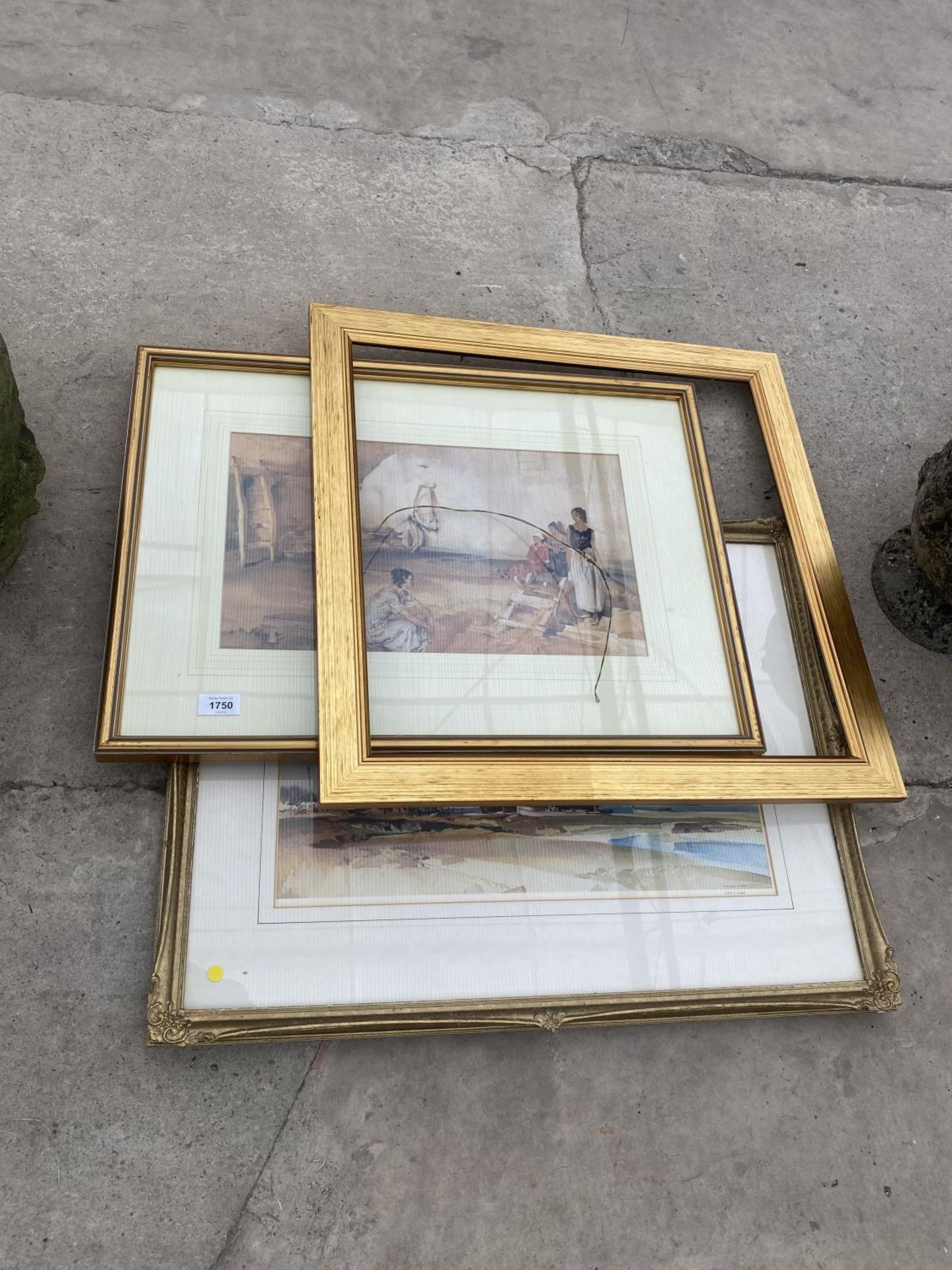 TWO GILT FRAMED PRINTS AND A FURTHER GILT PICTURE FRAME