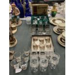 A BOXED WELSH ROYAL LEAD CRYSTAL DECANTER WITH FOUR LIQUEUR GLASSES, COGNAC GLASSES, BOXED