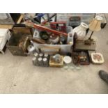 AN ASSORTMENT OF ITEMS TO INCLUDE LAMPS, A VINTAGE STOOL AND BADGES ETC