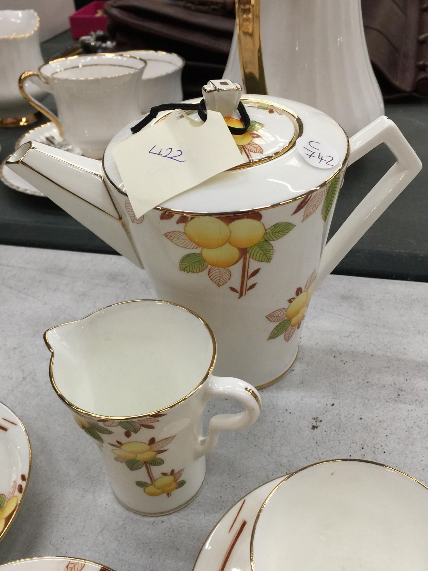 TWO VINTAGE PART TEASETS TO INCLUDE ADDERLEY FLORAL BLACK CUPS AND SAUCERS PLUS ART DECO STYLE - Image 7 of 7