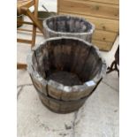 TWO SMALL WOODEN BARREL STYLE PLANTERS