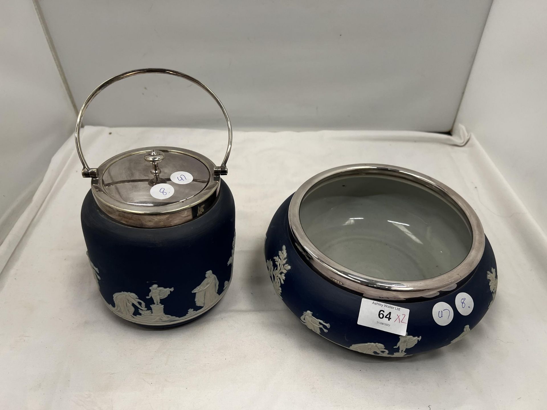 A TUNSTALL JASPERWARE BOWL WITH PLATED RIM DIAMETER 18CM PLUS AN ADAM'S JASPERWARE BISCUIT BARREL