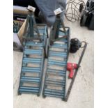 AN ASSORTMENT OF TOOLS TO INCLUDE METAL CAR RAMPS, AXEL STANDS AND A BOTTLE JACK ETC
