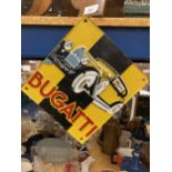 A CAST BUGATTI YELLOW AND BLACK SIGN