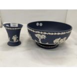 A WEDGWOOD JASPERWARE FOOTED BOWL AND SMALL VASE