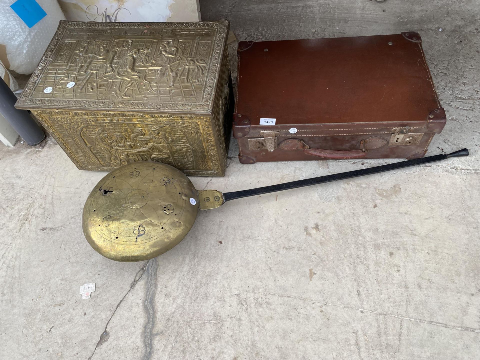 A VINTAGE TRAVEL CASE, A BRASS COVERED COAL BOX AND A VINTAGE BRASS BED WARMER