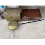 A VINTAGE TRAVEL CASE, A BRASS COVERED COAL BOX AND A VINTAGE BRASS BED WARMER