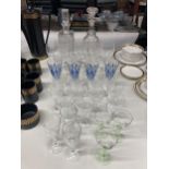 A QUANTITY OF GLASSES TO INCLUDE DECANTERS, SHERRY GLASSES, PORT, LIQUEUR, ETC