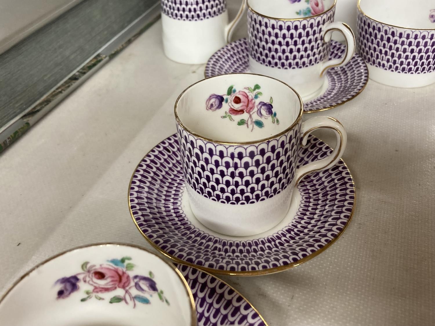 A NELSON CHINA PURPLE AND FLORAL COFFEE SET TO INCLUDE A COFFEE POT, CREAM JUG, SUGAR BOWL AND - Image 2 of 5