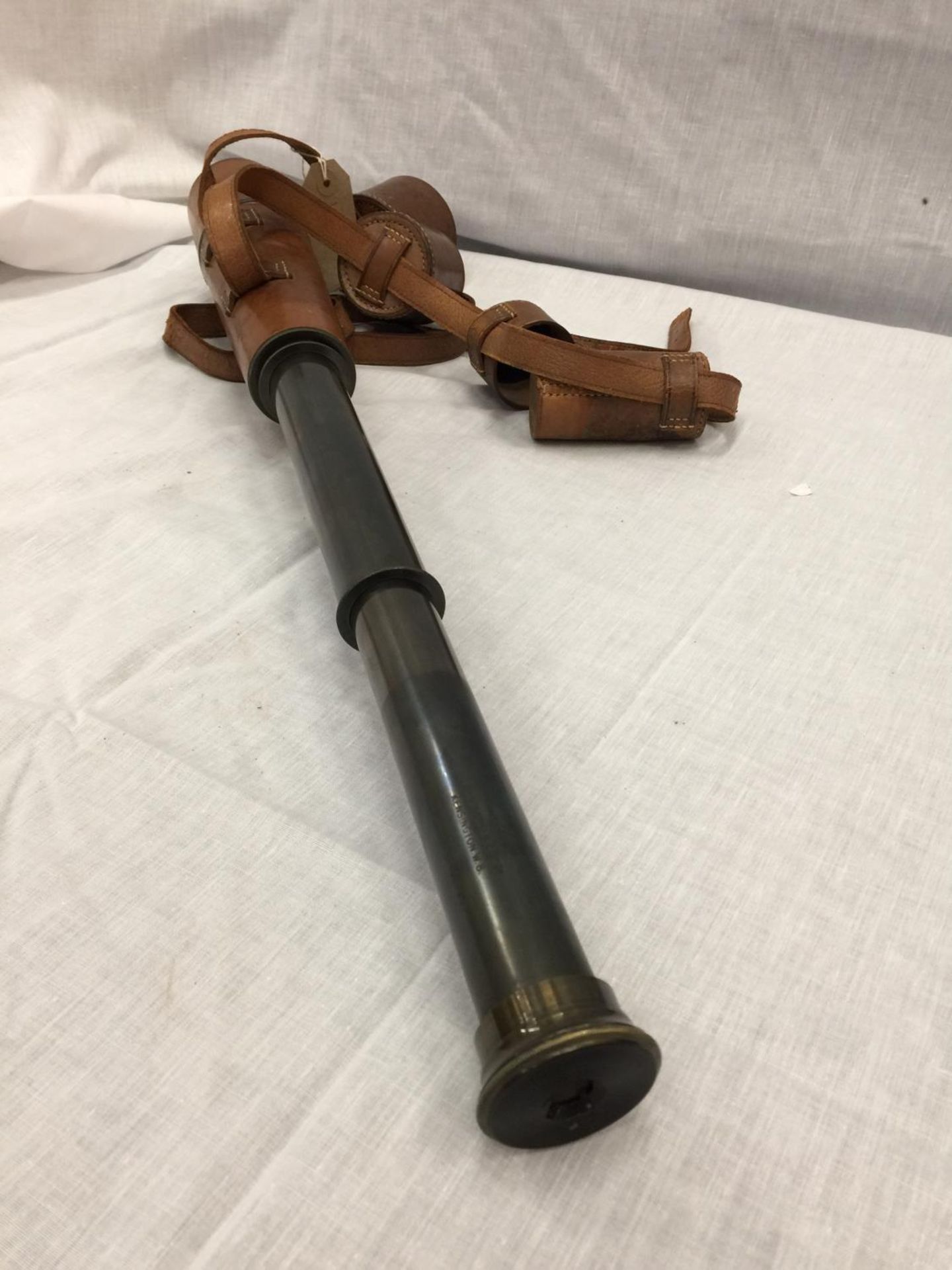 A VINTAGE BRASS AND LEATHER TELESCOPE RECONDITIONED FOR JOHN BARKER & CO LTD KENSINGTON W.8. BY - Image 8 of 16