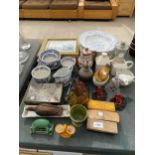 AN ASSORTMENT OF ITEMS TO INCLUDE A COPPER OIL CAN, BLUE AND WHITE CERAMICS AND FIGURES ETC