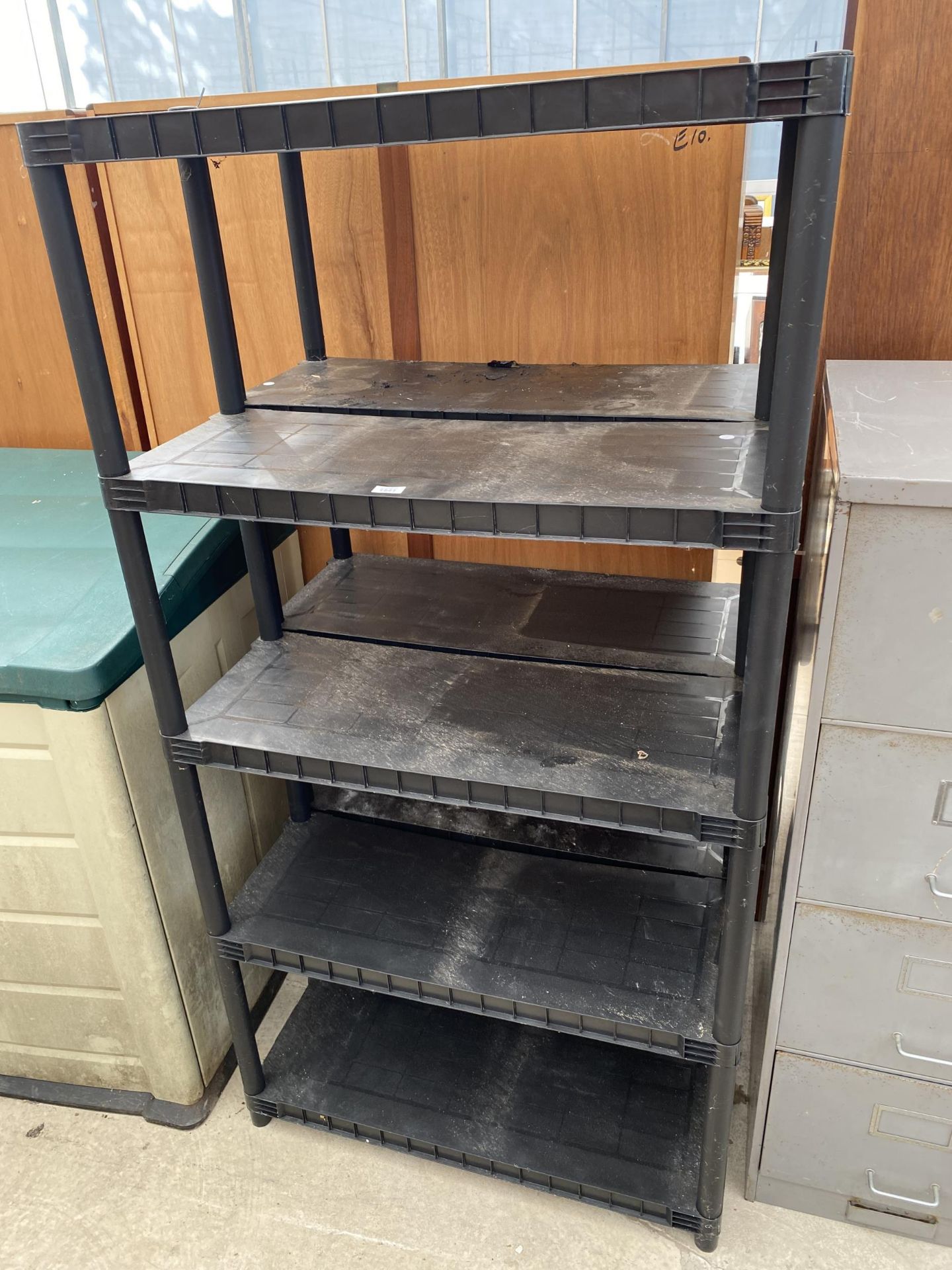 TWO PLASTIC FIVE TIER SHELVING UNITS