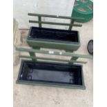 TWO WOODEN TROUGH PLANTERS WITH PLASTIC INSERTS