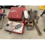 AN ASSORTMENT OF TOOLS TO INCLUDE A WOLF DRILL, SPANNERS AND A POT RIVOTER ETC