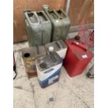 TWO VINTAGE METAL JERRY CANS, A VINTAGE FUEL CAN AND THREE OIL DRUMS TO INCLUDE FORD AND MOBIL ETC