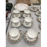 A QUANTITY OF ROYAL ALBERT CHINA TO INCLUDE WHITE AND SILVER GILD CUPS AND SAUCERS AND TWO 'DIMITY