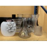 A QUANTITY OF GLASSWARE TO INCLUDE VASES PLUS CERAMIC VASES