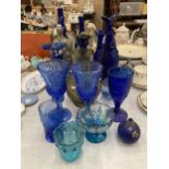 A QUANTITY OF BLUE GLASSWARE TO INCLUDE VASES, BOTTLES, BOWLS, ETC