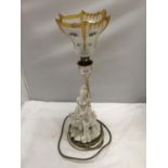 A TABLE LAMP WITH CERAMIC LADY BASE AND GLASS SHADE HEIGHT 44CM