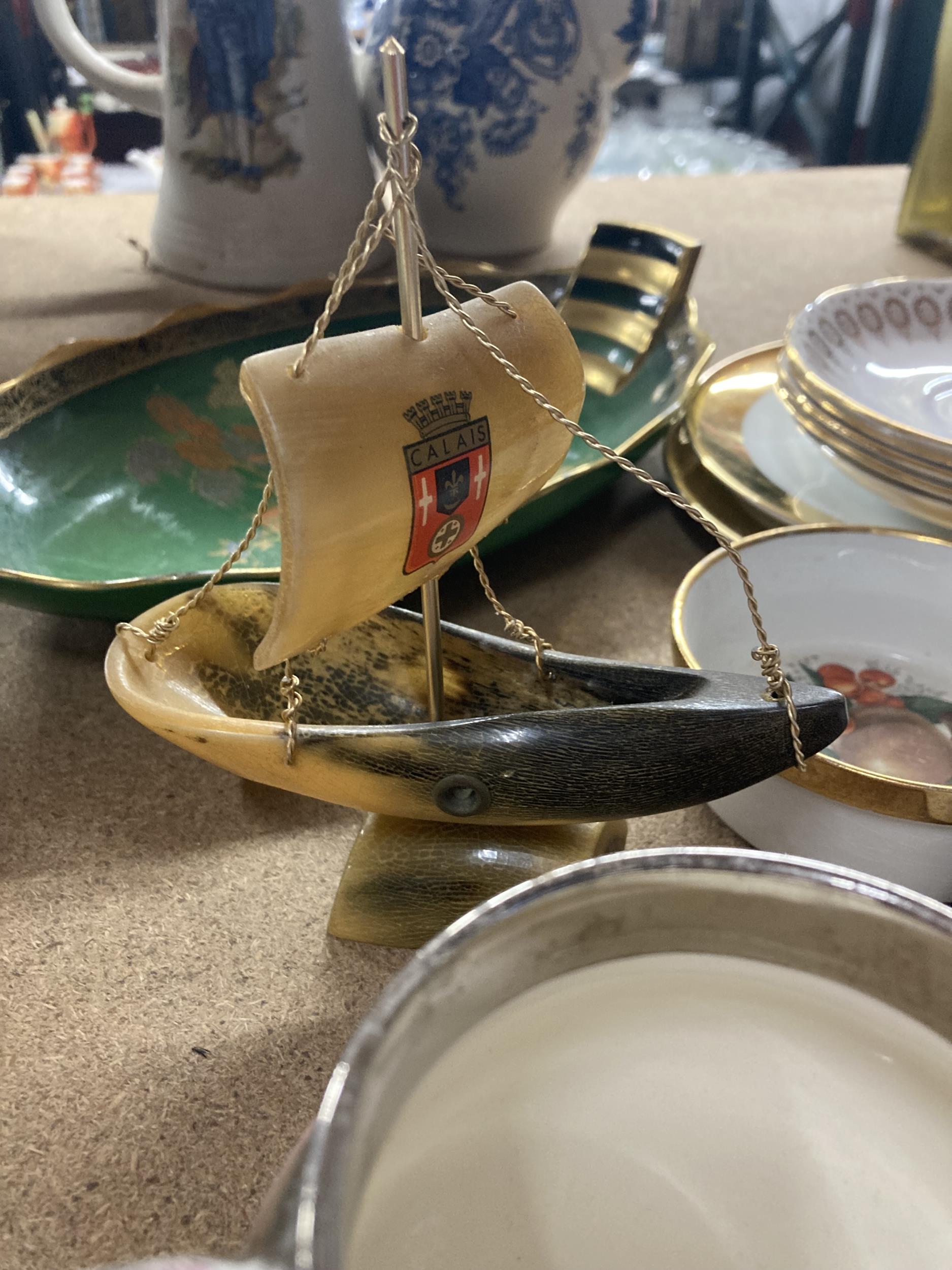 A CARLTON WARE 'VERT ROYALE' ORIENTAL STYLE BOWL, PAPERWEIGHTS, CHINA SAUCERS, WEDGWOOD JUG, SHIP, - Image 3 of 4