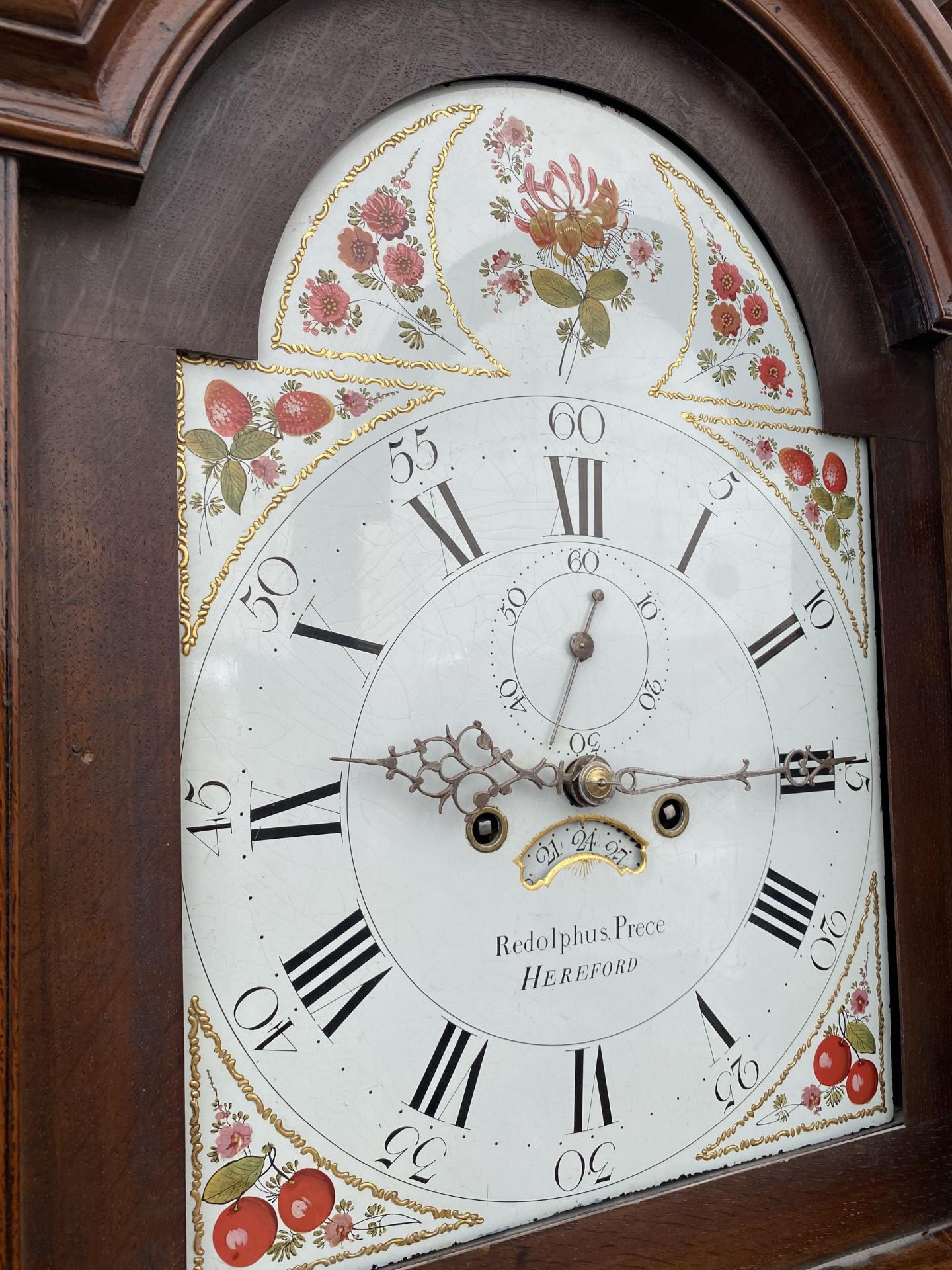 A 19TH CENTURY OAK EIGHT-DAY LONGCASE CLOCK WITH PAINTED ENAMEL FACE BY REDOLPHUS PRECE, HEREFORD - Image 5 of 6