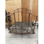 A VINTAGE CAST IRON AND WOODEN PLANKED FOUR WHEELED TROLLEY (ONE WHEEL MISSING)