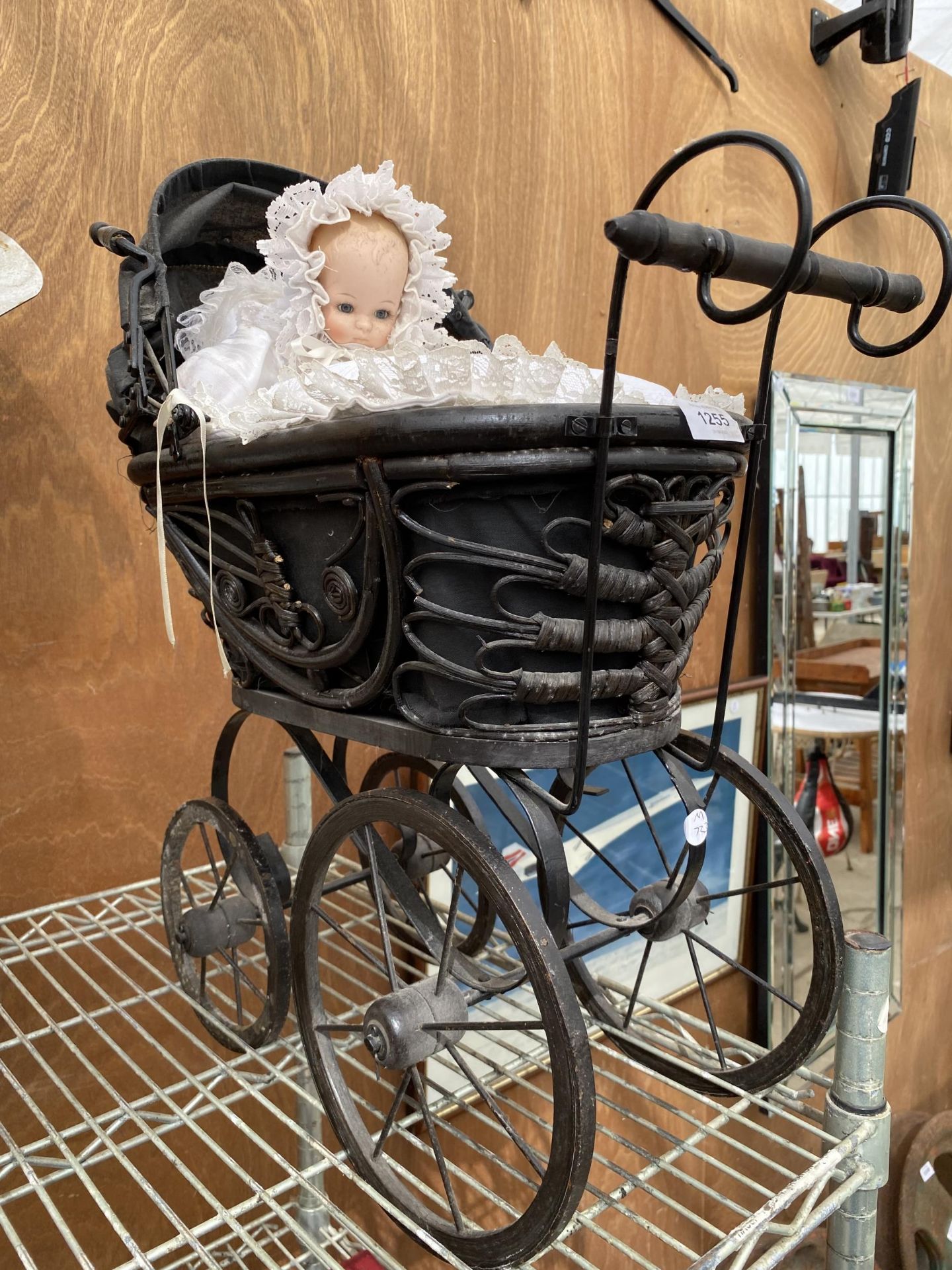 A VINTAGE WOODEN DOLLS PRAM AND DOLL - Image 2 of 4